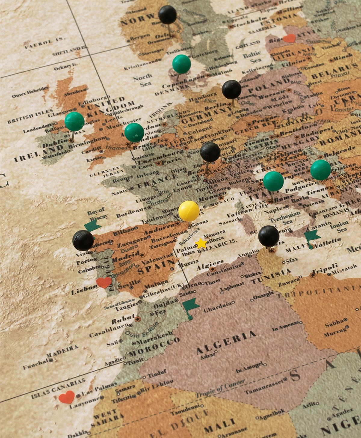 Detailed World Map with pins, Travel Decor for room. Large World Map with pins.