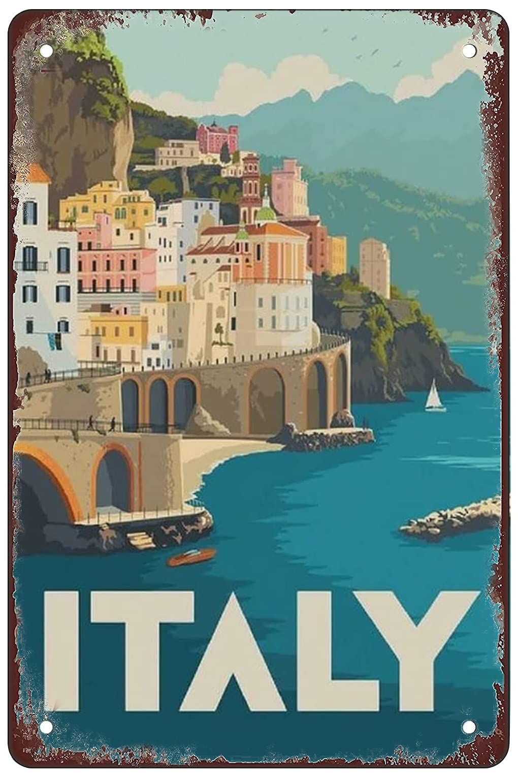 Retro tin sign Retro tourism in Italian citiesInteresting metal sign wall art decoration suitable for garage, bar, restaurant, living room, bedroom, kitchen, cafe, bar, 12X8 inches