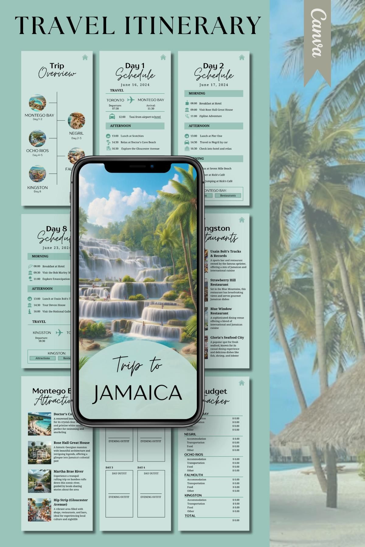 Digital Jamaica Travel Itinerary, Mobile Trip Planner, Itinerary Template, Canva Template